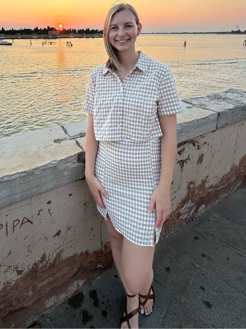 Cali 1850 Beige Gingham Crop Shirt & Skirt Set // Large